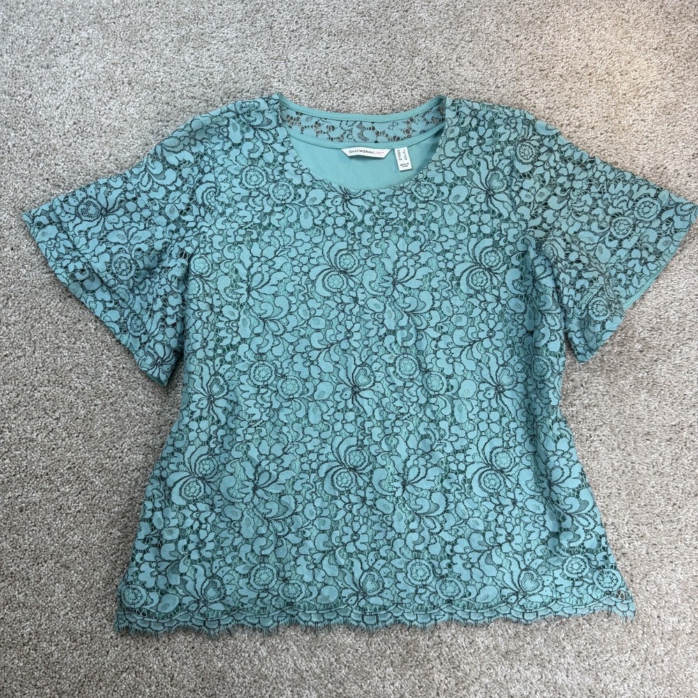 Isaac Mizrahi Live! Blouse Womens L Green Floral Lace Short Sleeve Lined Top